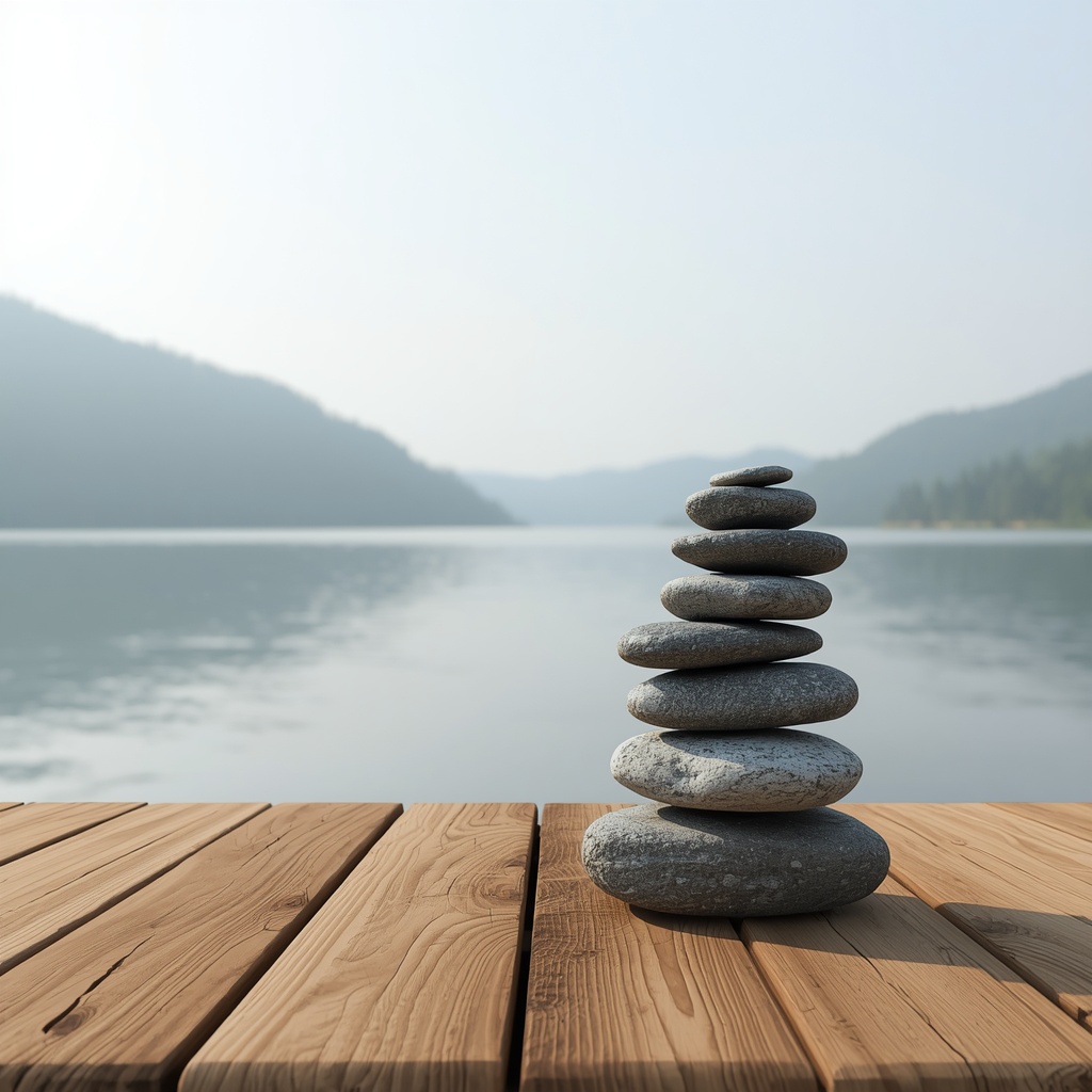 minimalist zen stone stack balanced perfectly on a wooden platform with a tranquil lake backdrop symbolizing inner harmony