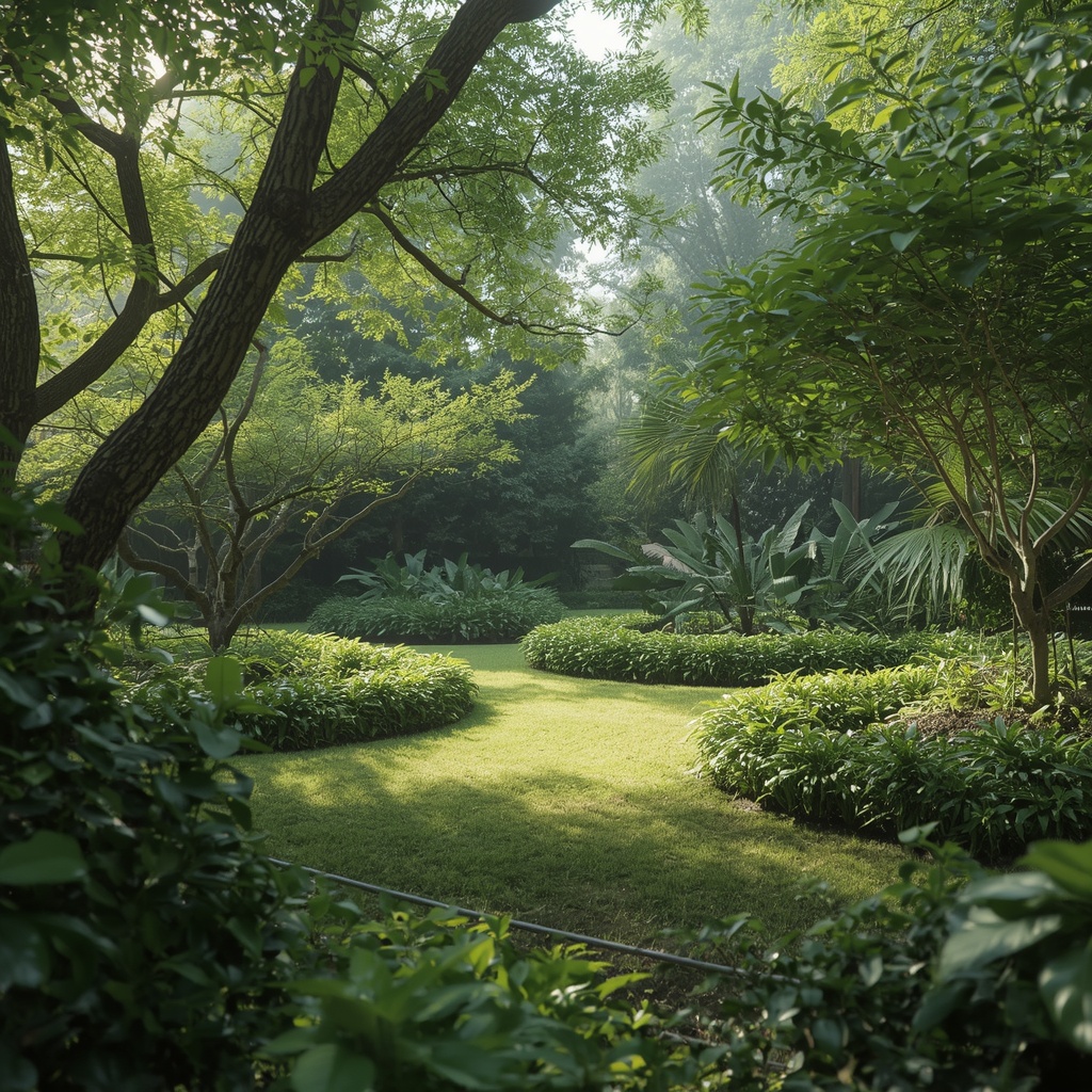 serene meditation garden with lush green plants and soft natural sunlight filtering through trees for mental peace and calmness