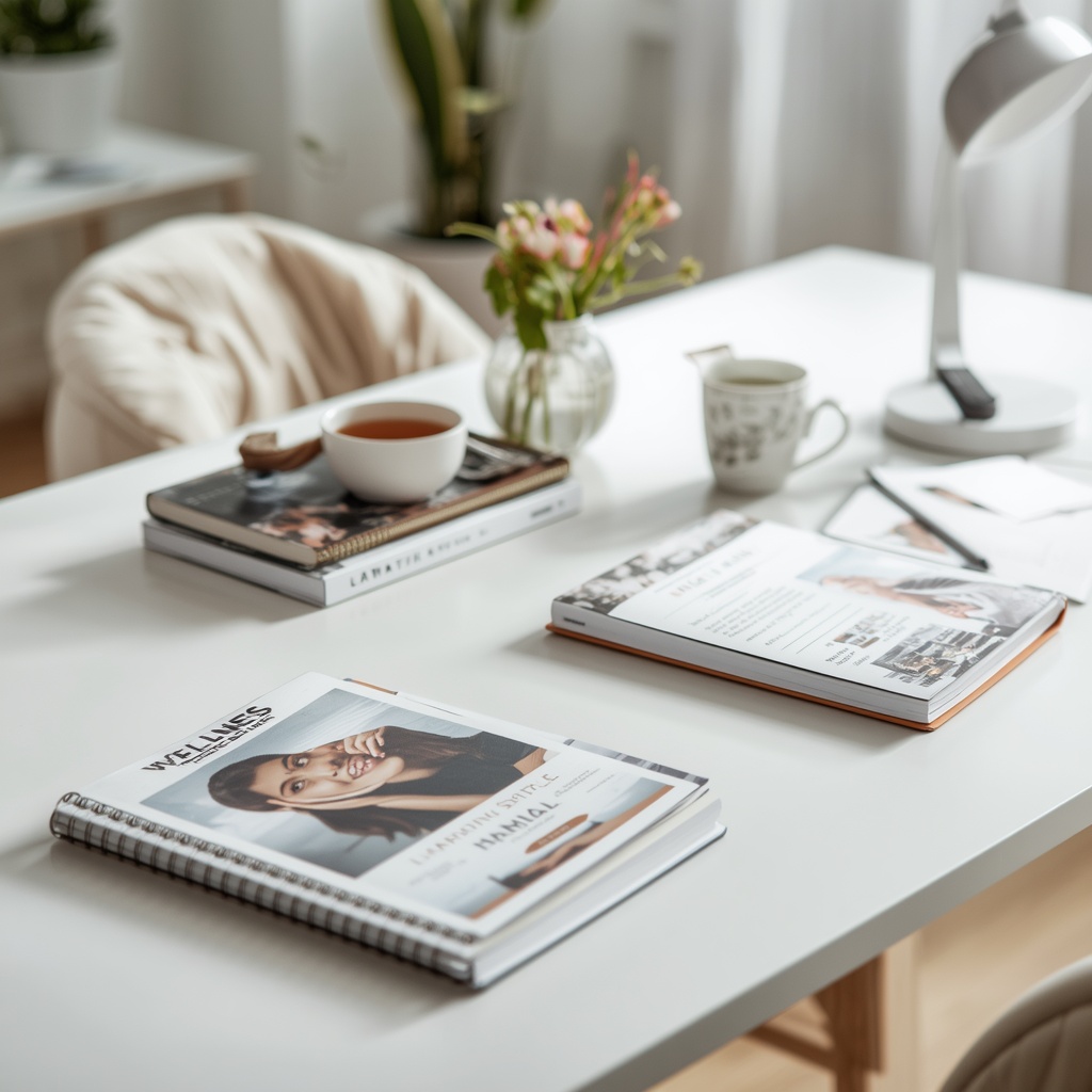 professional wellness coaching session at a bright modern desk with journals inspirational books and herbal tea